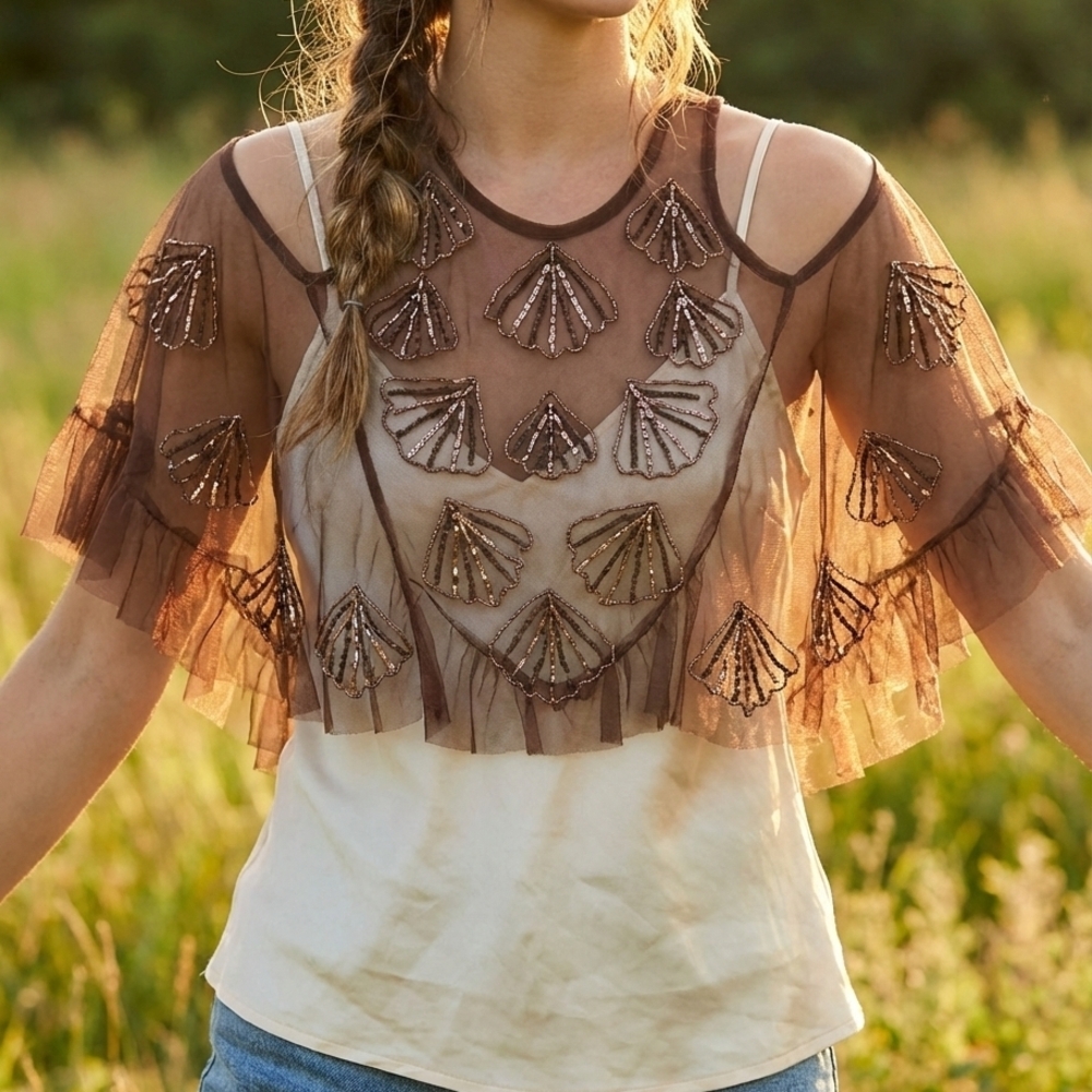 FREE PEOPLE Sz S Chic Sheer Brown Embellished Women's Blouse